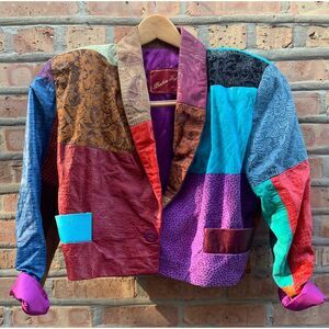 Vintage 80s Colorful Leather Suede Patchwork Jacket Colorblock Women's Crop S/M